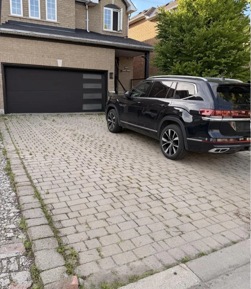 Before: front driveway interlock pavers overgrown with weeds between joints